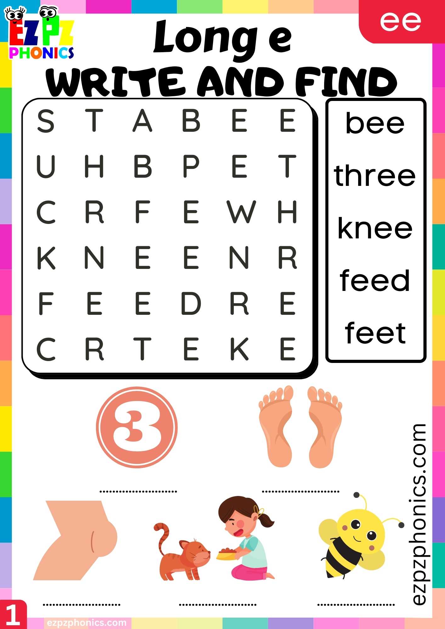 Group1 EE Words Write And Find Long E Phonics Worksheet